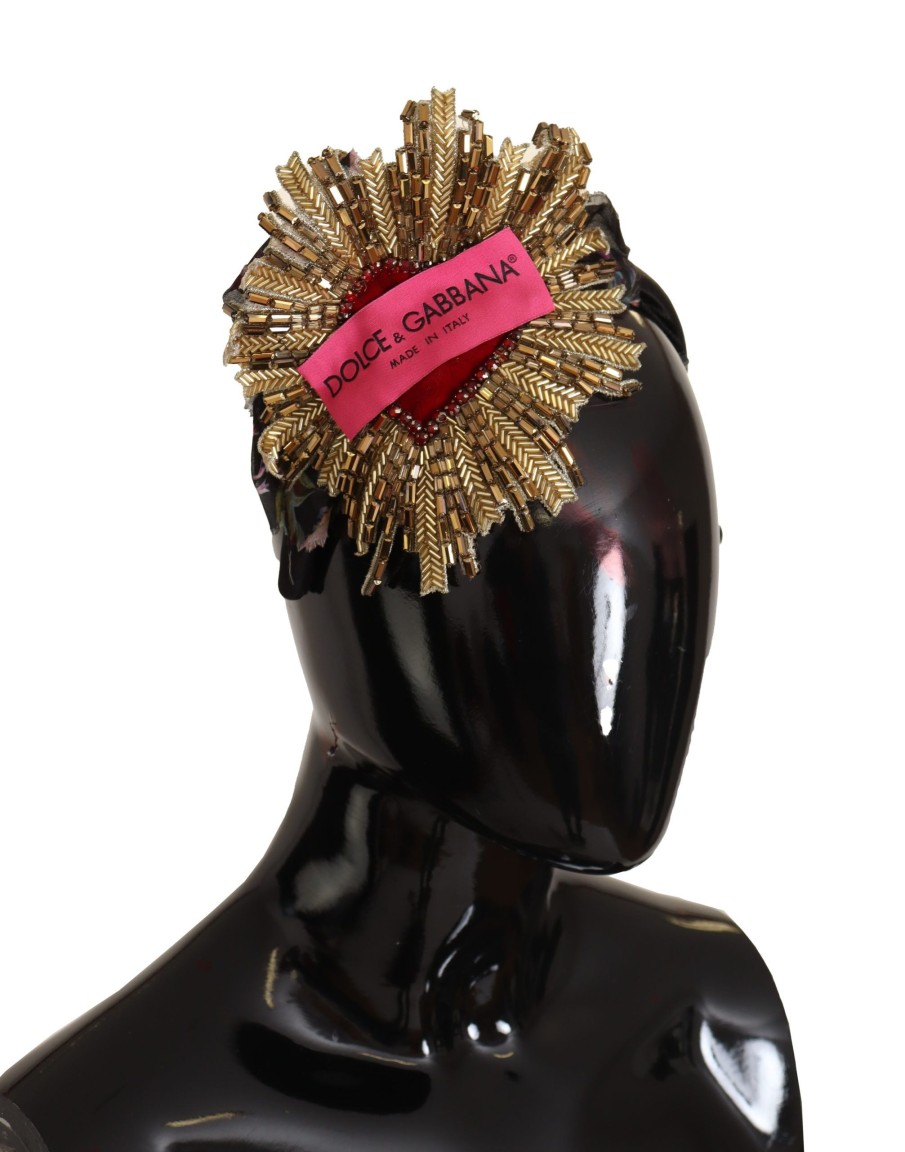 Women Dolce & Gabbana Women'S Headbands | Dolce & Gabbana Black Gold Sacred Heart Logo Embellished Headband Diad