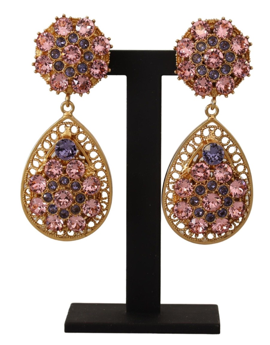 Women Dolce & Gabbana Women'S Earrings | Dolce & Gabbana Gold Crystal Dg Sicily Clip-On Jewelry Dangling Earrin