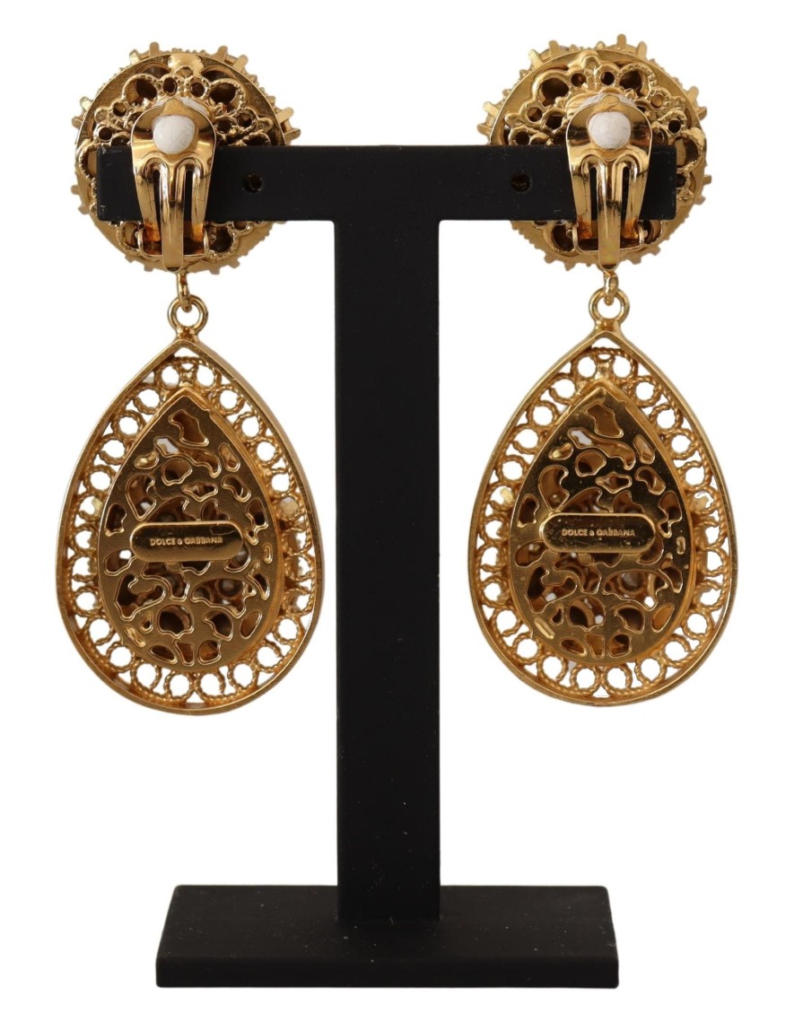 Women Dolce & Gabbana Women'S Earrings | Dolce & Gabbana Gold Crystal Dg Sicily Clip-On Jewelry Dangling Earrin