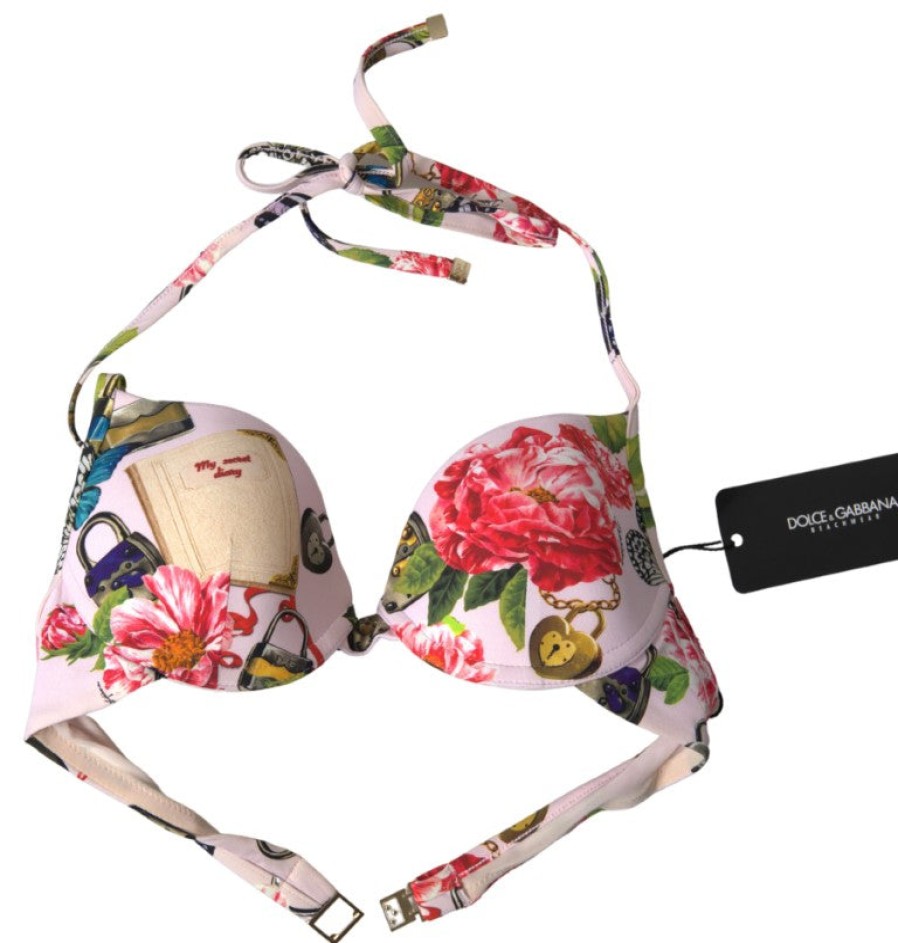 Women Dolce & Gabbana Women'S Swimwear | Dolce & Gabbana Pink Floral Halter Beachwear Swimwear Bikini Top