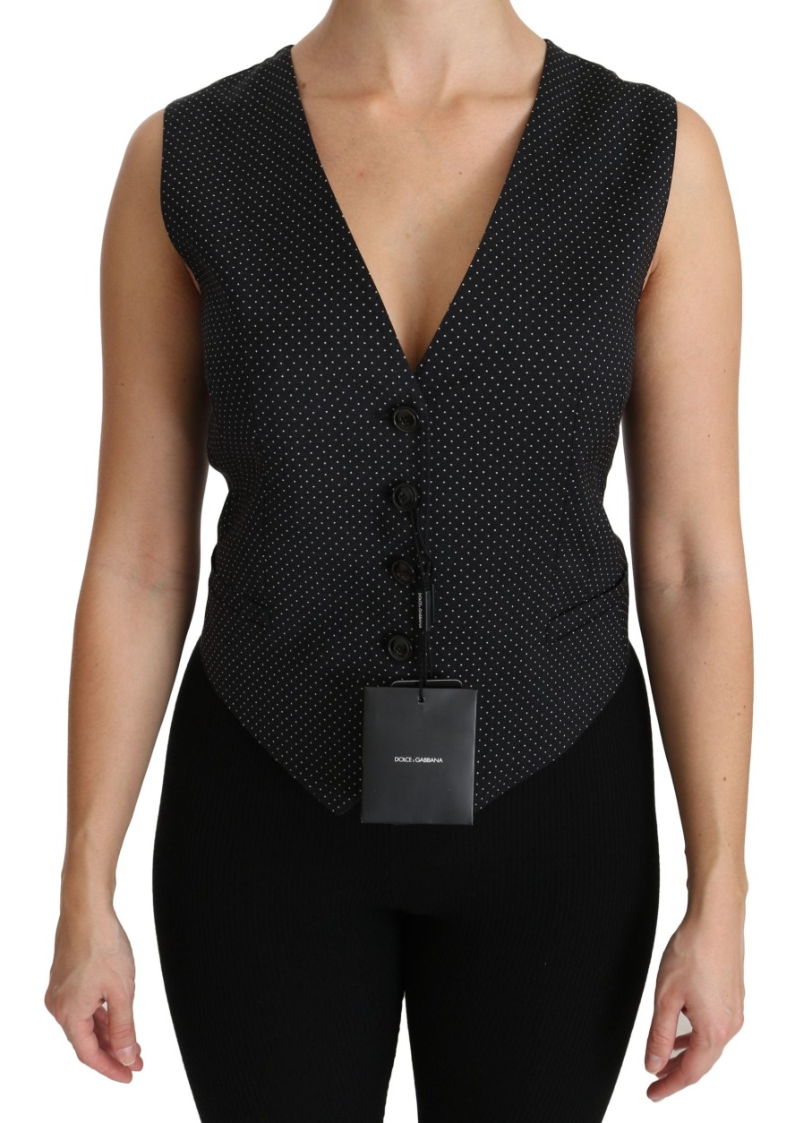 Women Dolce & Gabbana Women'S Vest | Dolce & Gabbana Black Dotted Waistcoat Vest Blouse Top