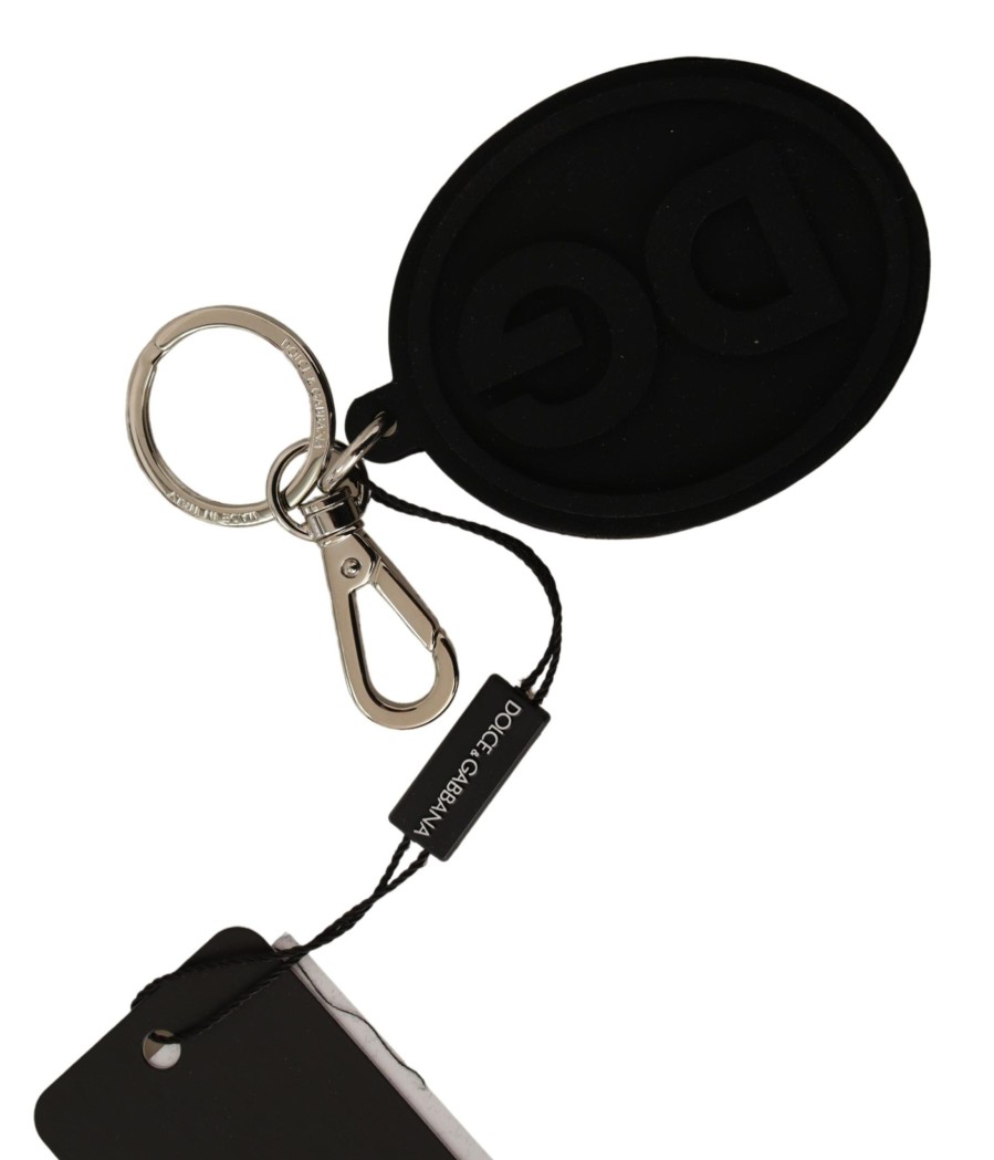 Men Dolce & Gabbana Men'S Keychains | Dolce & Gabbana Black Rubber Dg Logo Silver Brass Metal Keychain