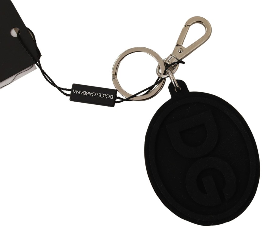 Men Dolce & Gabbana Men'S Keychains | Dolce & Gabbana Black Rubber Dg Logo Silver Brass Metal Keychain