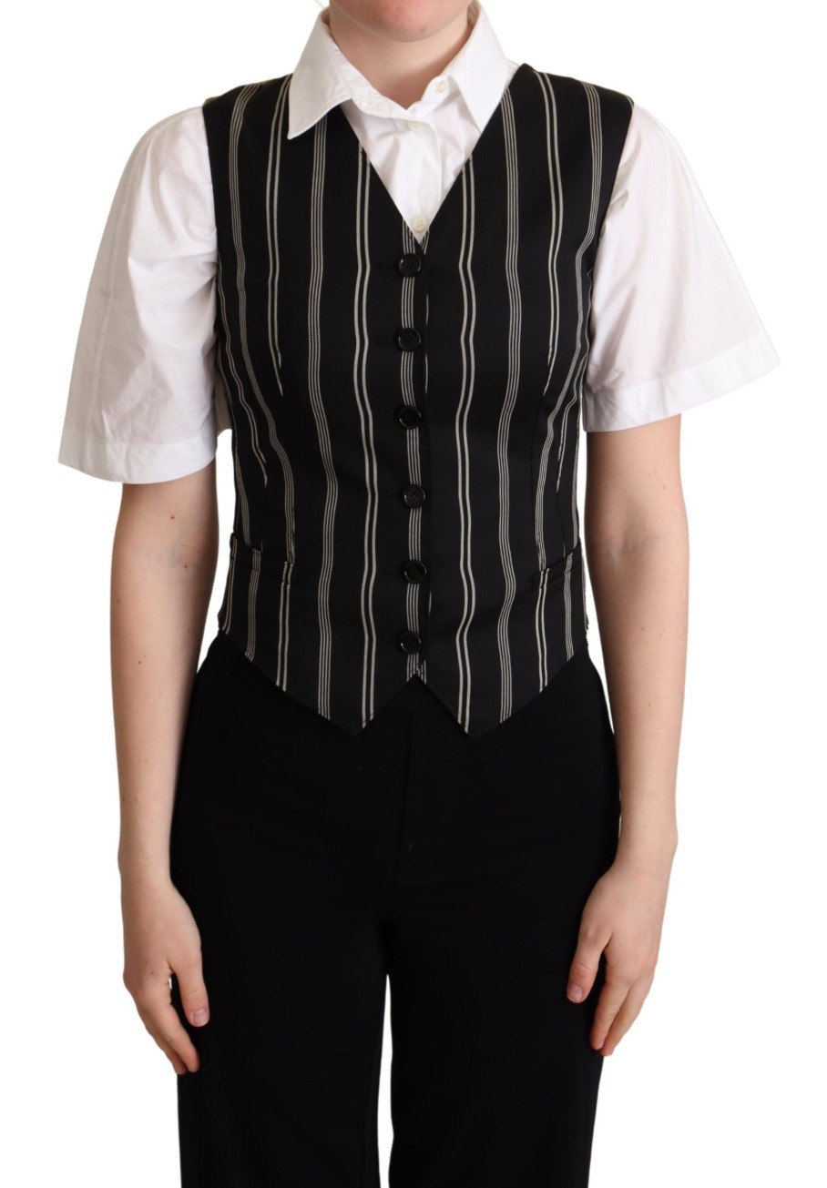 Women Dolce & Gabbana Women'S Vest | Dolce & Gabbana Black Striped Leopard Print Waistcoat Vest