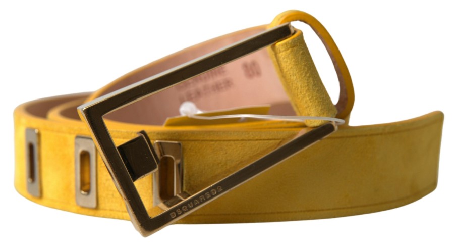 Women Dsquared² Women'S Belts | Dsquared Yellow Suede Leather Silver Metal Buckle Belt