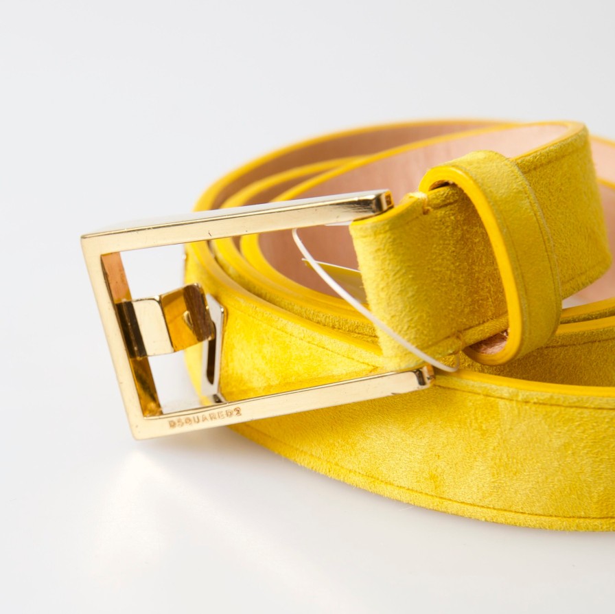 Women Dsquared² Women'S Belts | Dsquared Yellow Suede Leather Silver Metal Buckle Belt