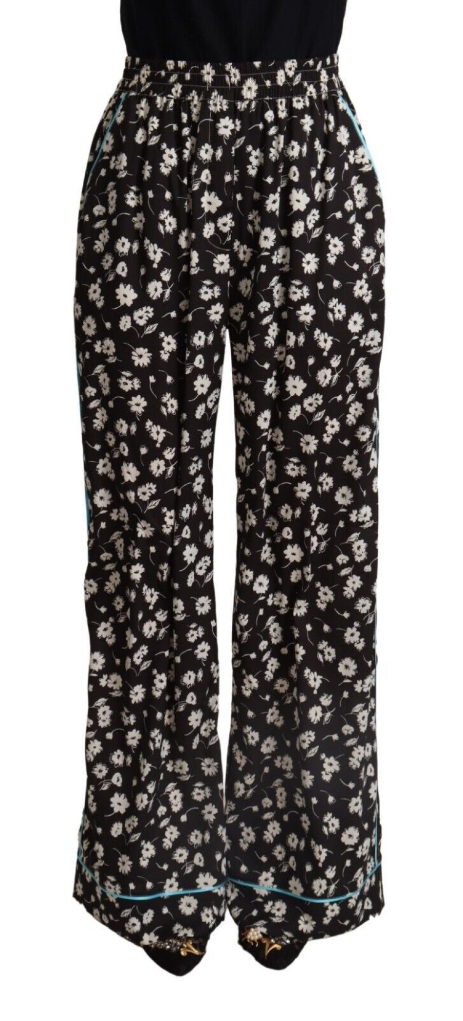 Women Dolce & Gabbana Women'S Pants & Jeans | Dolce & Gabbana Black Floral Mid Waist Wide Leg Pants