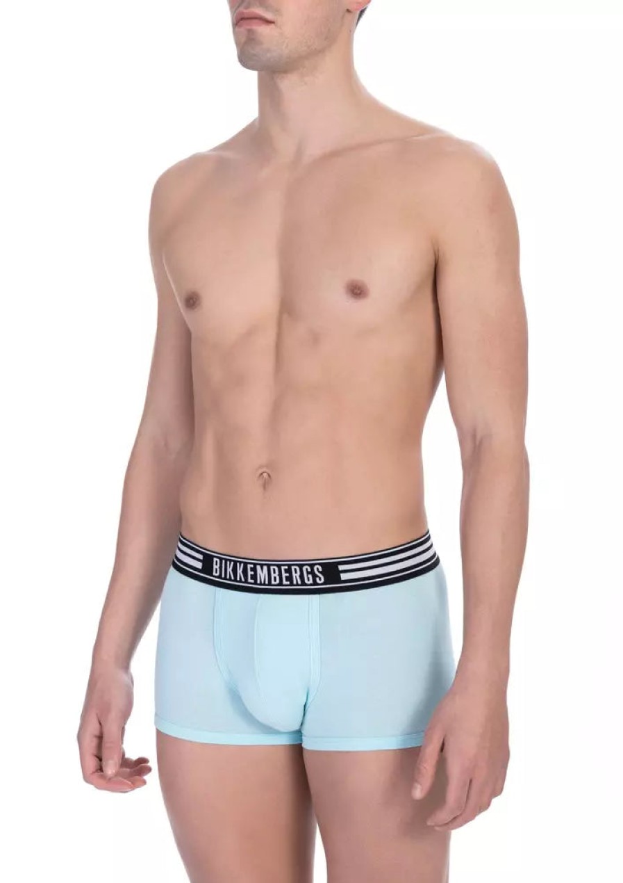 Men Bikkembergs Men'S Underwear | Bikkembergs Elegant Light Blue Cotton Trunk Twin Pack