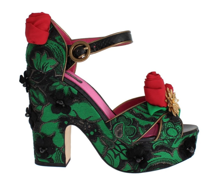 Women Dolce & Gabbana Women'S Platforms & Wedges | Dolce & Gabbana Green Brocade Snakeskin Roses Crystal Shoes