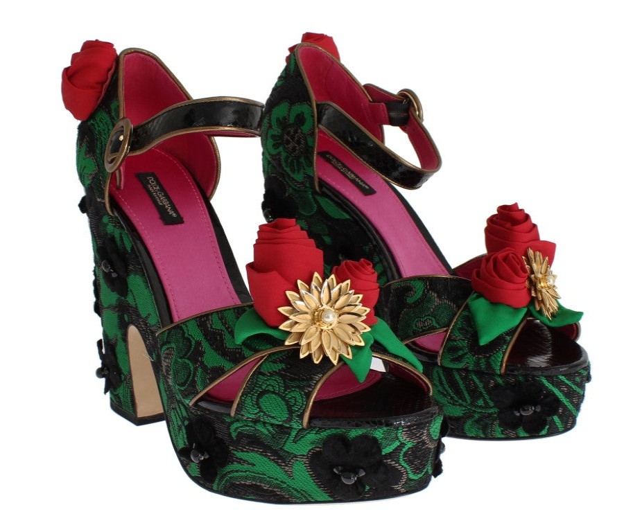 Women Dolce & Gabbana Women'S Platforms & Wedges | Dolce & Gabbana Green Brocade Snakeskin Roses Crystal Shoes