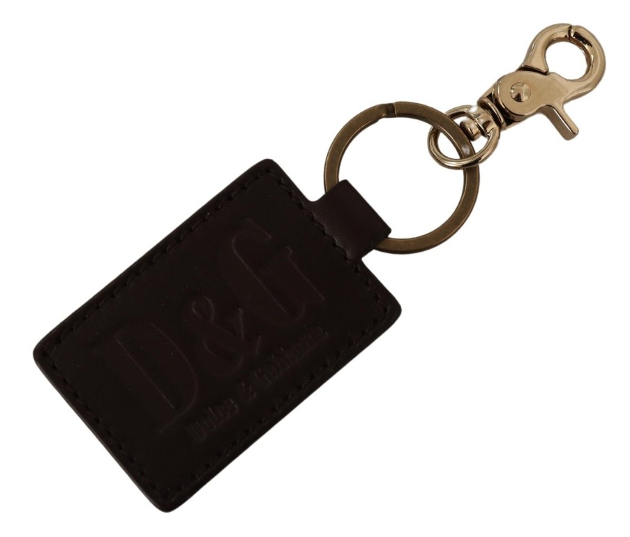 Men Dolce & Gabbana Men'S Keychains | Dolce & Gabbana Brown Leather Logo Metal Ring Hook Keychain