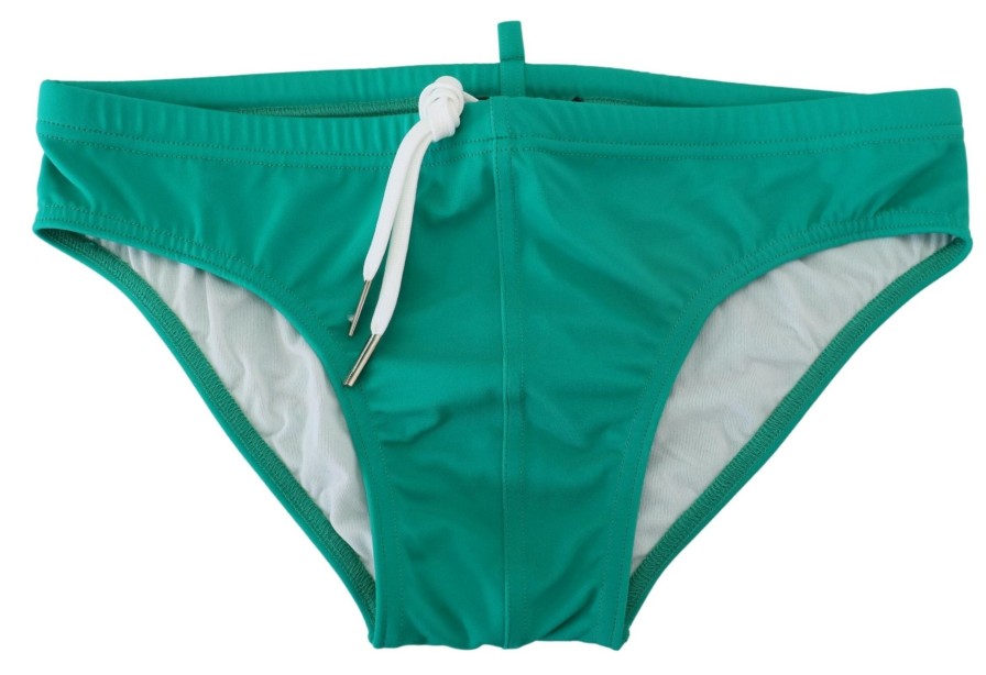 Men Dsquared² Men'S Swimwear | Dsquared Green White Logo Print Men Swim Brief Swimwear