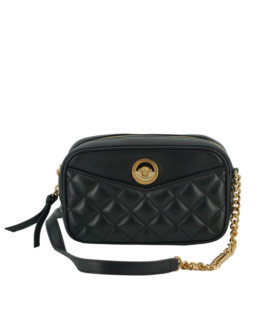 Women Versace Women'S Crossbody Bags | Versace Black Lamb Leather Small Camera Crossbody Bag