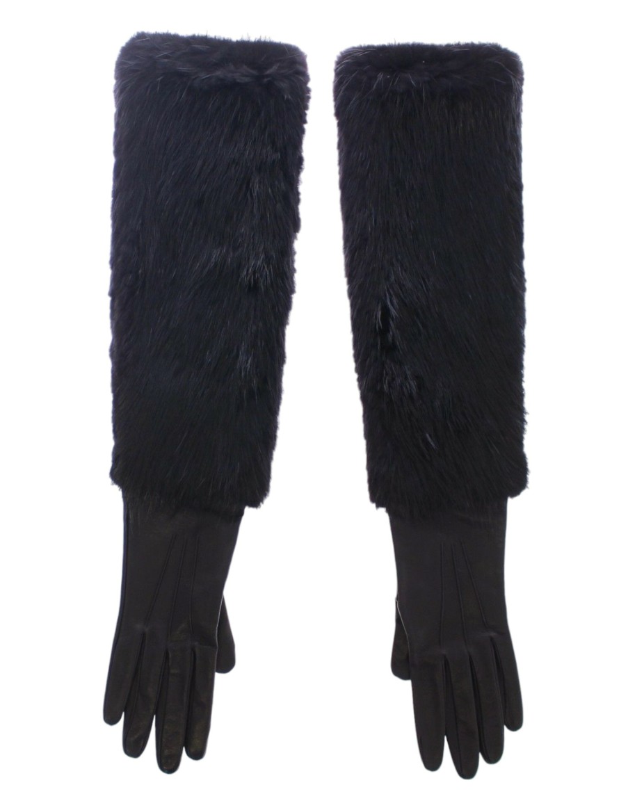 Women Dolce & Gabbana Women'S Gloves | Dolce & Gabbana Black Beaver Fur Lambskin Leather Elbow Gloves