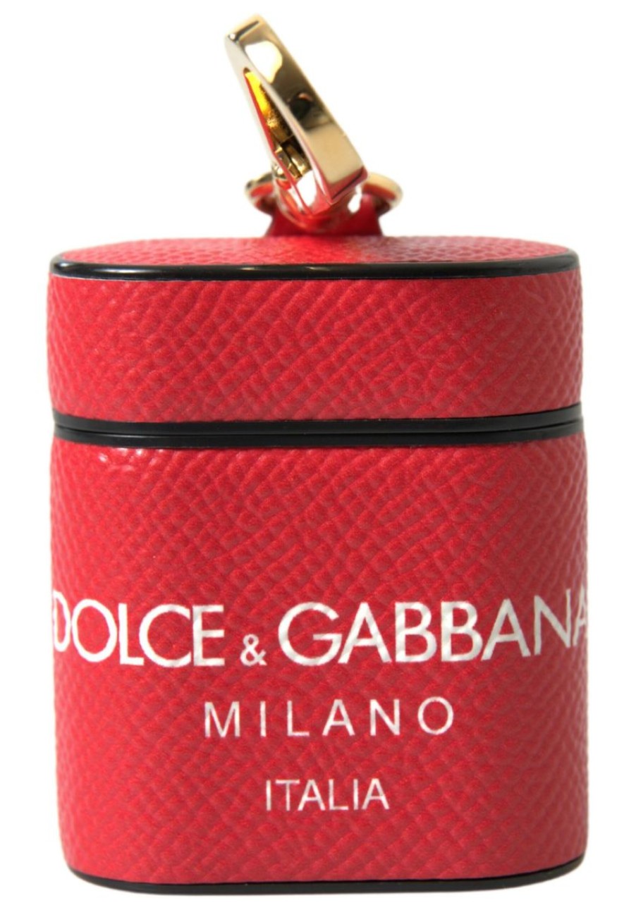 Women Dolce & Gabbana Women'S Others Accessories | Dolce & Gabbana Red Leather Gold Tone Metal Logo Print Airpods Case