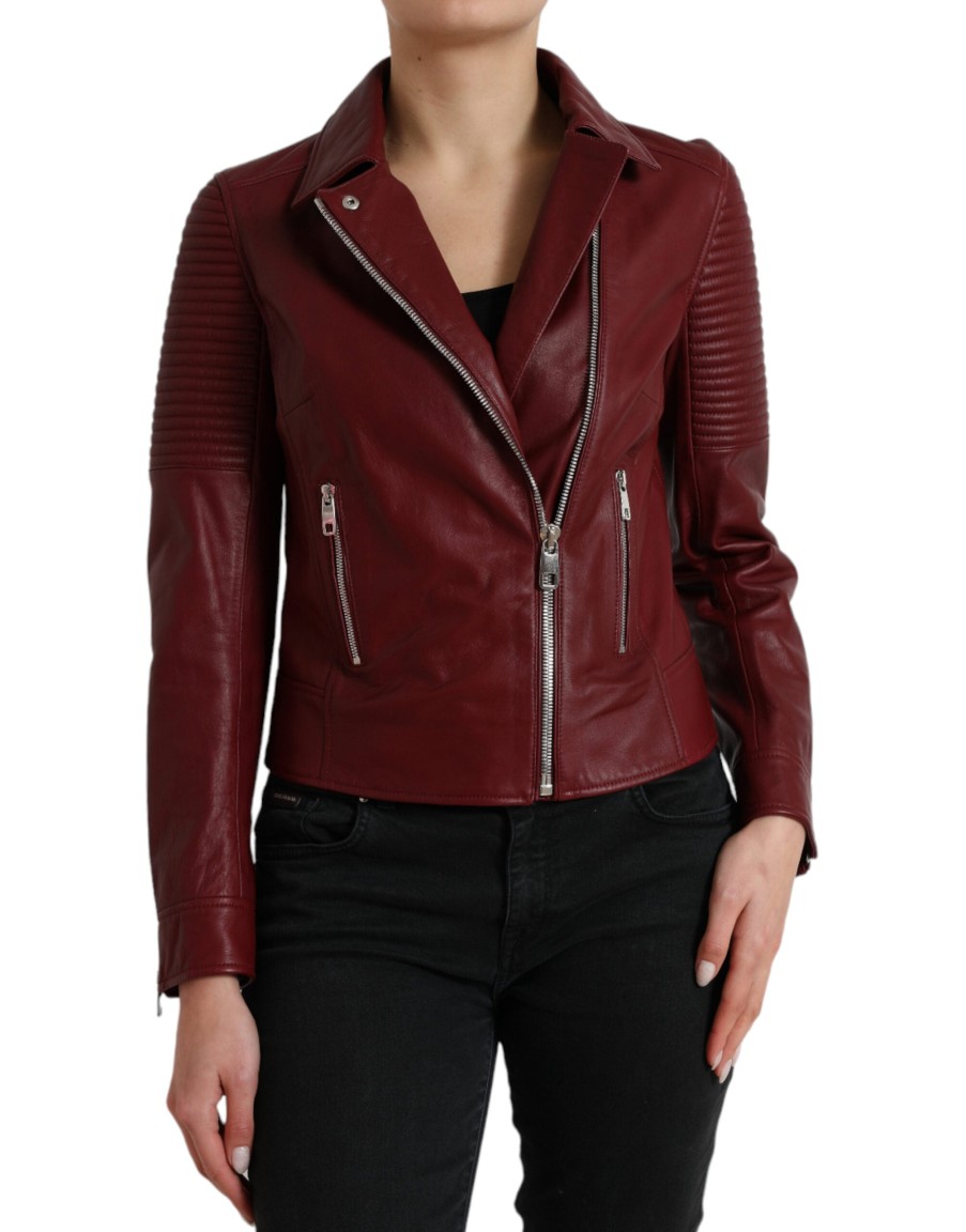 Women Dolce & Gabbana Women'S Jackets & Coats | Dolce & Gabbana Elegant Bordeaux Leather Biker Jacket