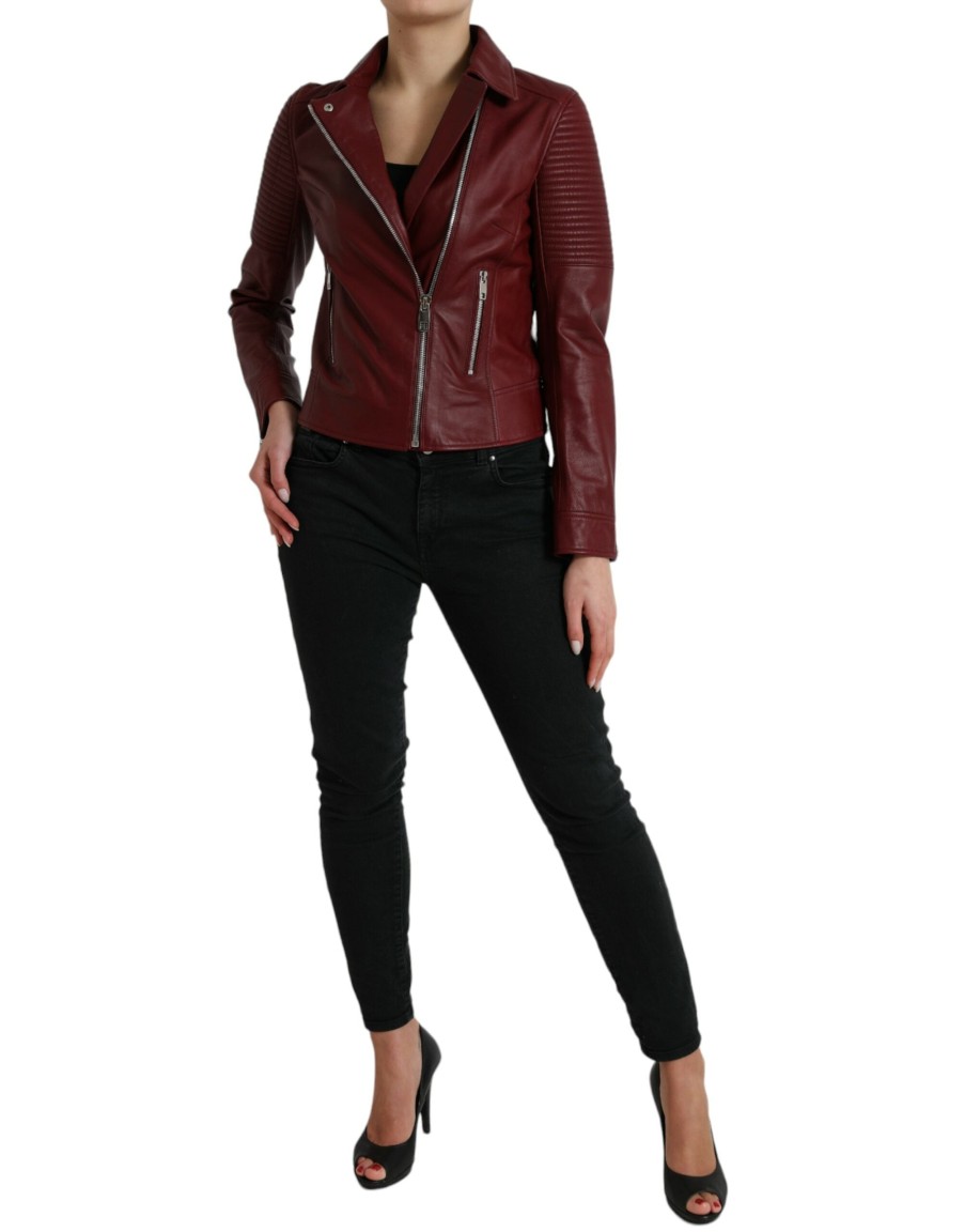 Women Dolce & Gabbana Women'S Jackets & Coats | Dolce & Gabbana Elegant Bordeaux Leather Biker Jacket