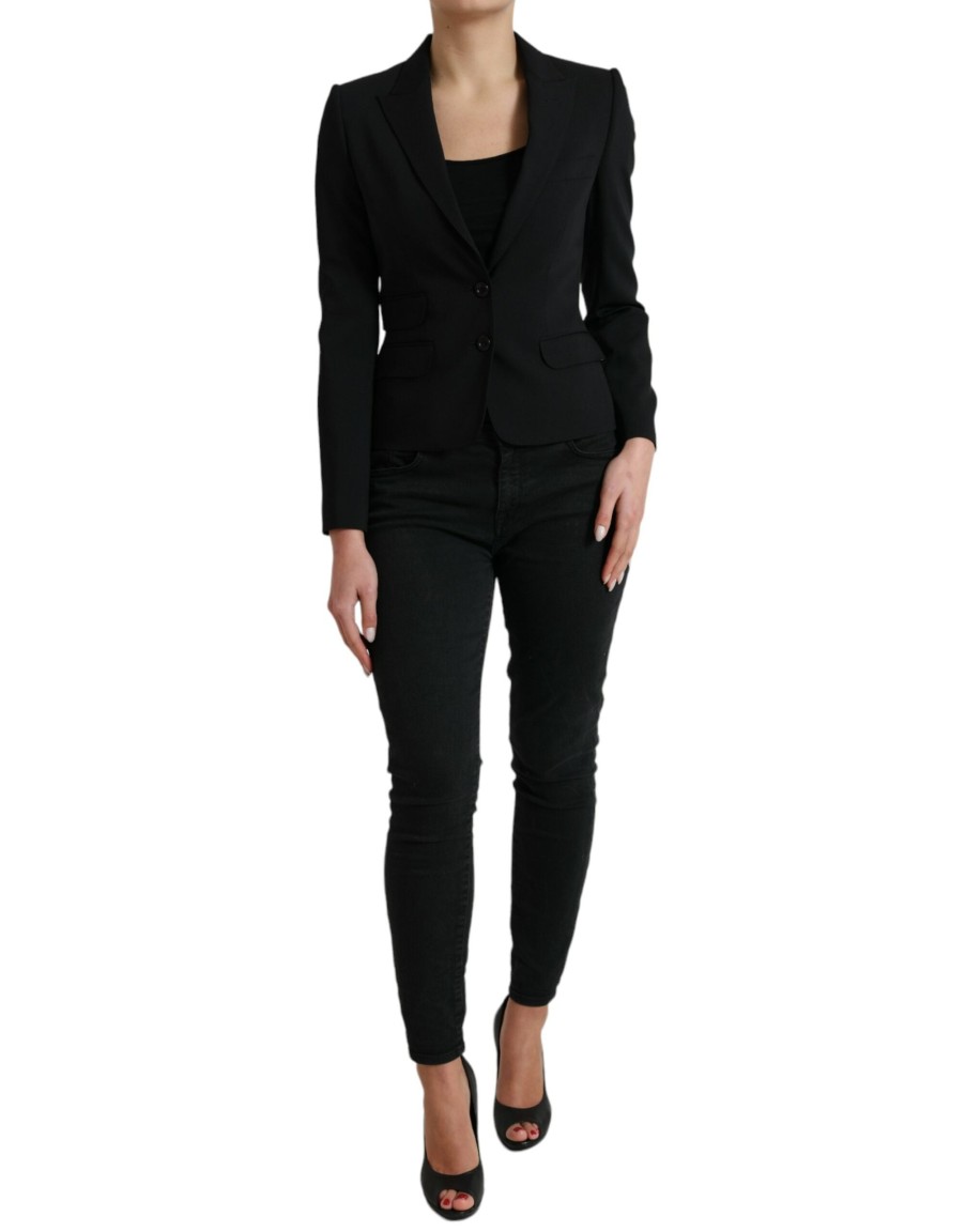 Women Dolce & Gabbana Women'S Jackets & Coats | Dolce & Gabbana Black Wool Single Breasted Blazer Coat Jacket