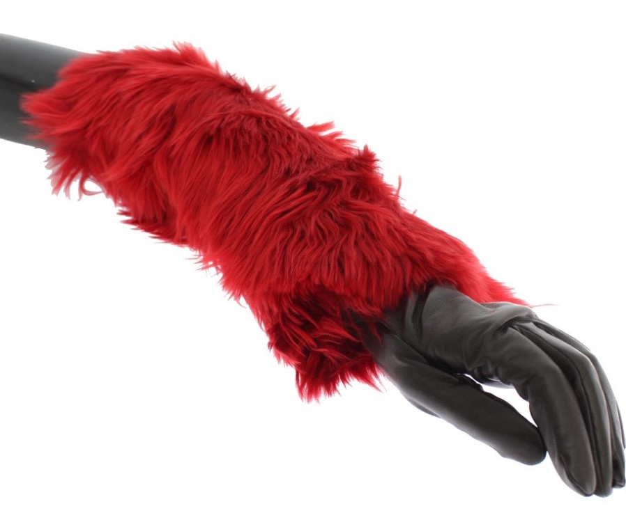 Women Dolce & Gabbana Women'S Gloves | Dolce & Gabbana Brown Leather Red Fur Elbow Gloves