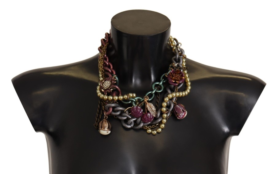 Women Dolce & Gabbana Women'S Necklaces | Dolce & Gabbana Gold Brass Sicily Floral Crystal Statement Necklace