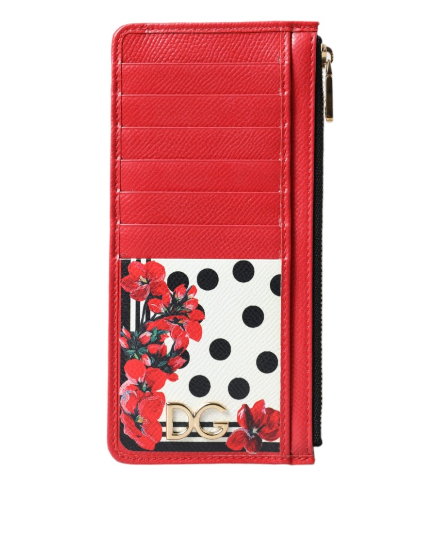 Women Dolce & Gabbana Women'S Wallets | Dolce & Gabbana Red White Leather Dg Logo Zip Card Holder Wallet