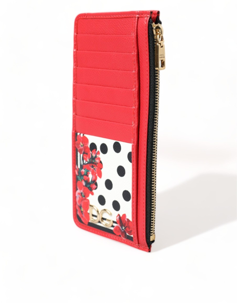 Women Dolce & Gabbana Women'S Wallets | Dolce & Gabbana Red White Leather Dg Logo Zip Card Holder Wallet