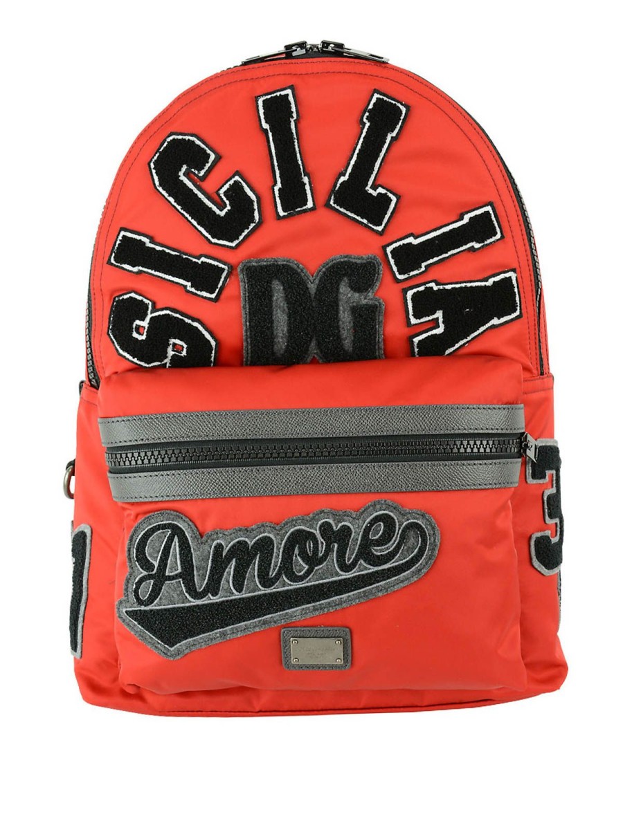 Men Dolce & Gabbana Men Backpacks | Dolce & Gabbana Chic Red Nylon Backpack With Calfskin Accents