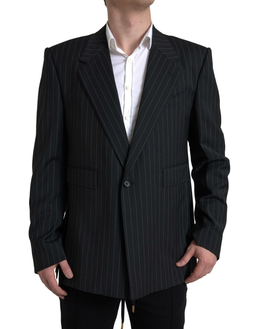 Men Dolce & Gabbana Men'S Blazers | Dolce & Gabbana Black Stripe Single Breasted Sicilia Blazer