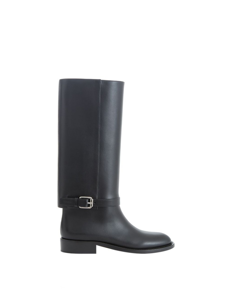 Women Burberry Women'S Boots | Burberry Buckle Embellished Leather Black Boots