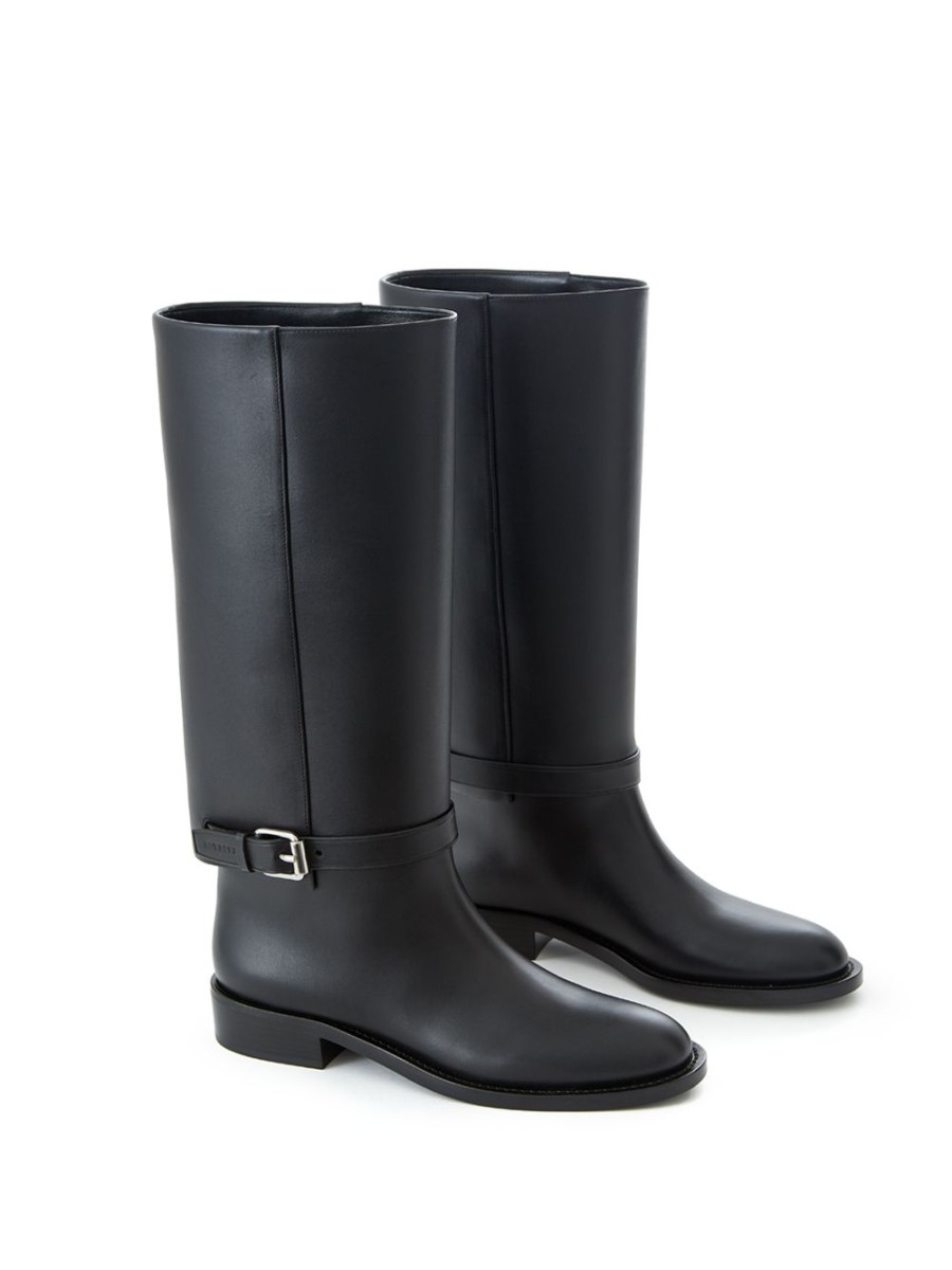 Women Burberry Women'S Boots | Burberry Buckle Embellished Leather Black Boots