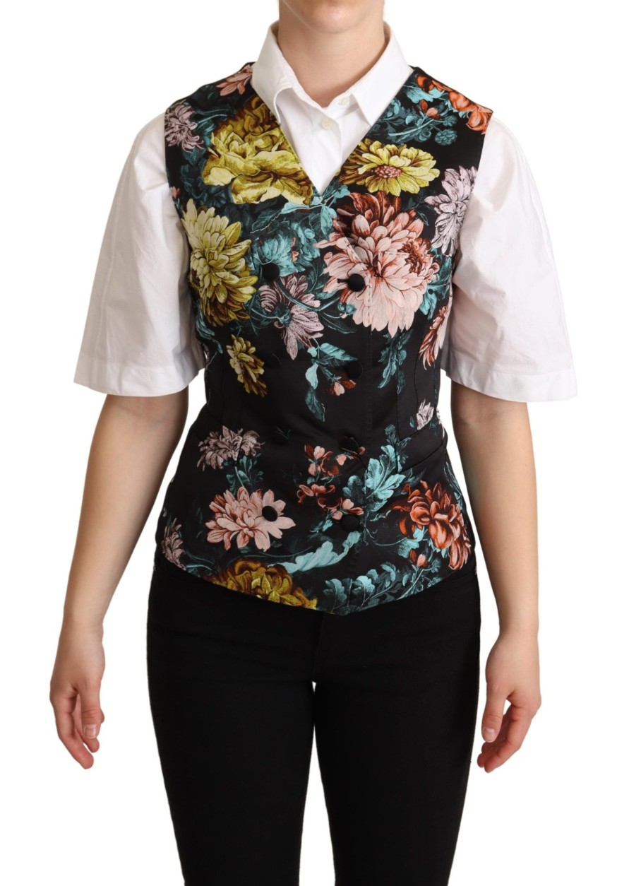 Women Dolce & Gabbana Women'S Vest | Dolce & Gabbana Black Jacquard Floral Waistcoat Vest