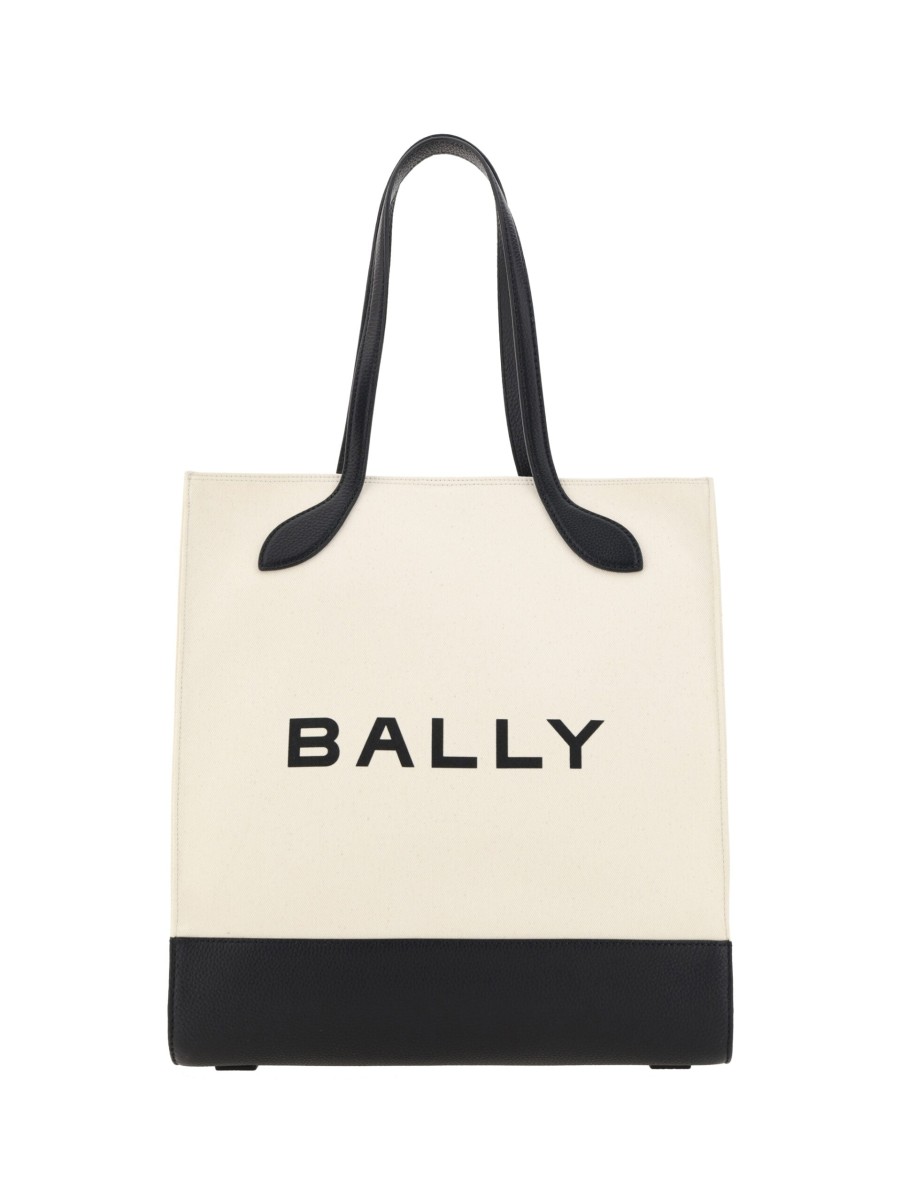 Women Bally Women'S Tote Bags | Bally White And Black Leather Tote Shoulder Bag