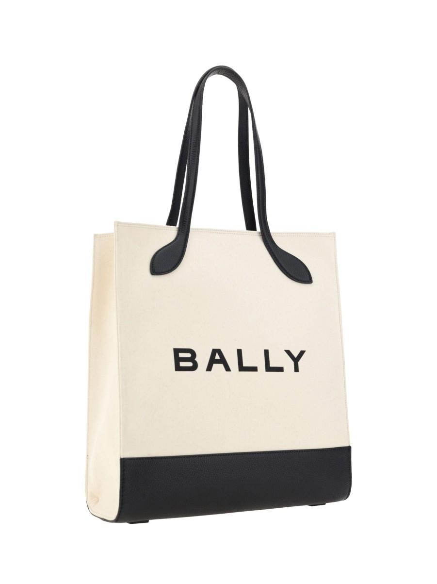 Women Bally Women'S Tote Bags | Bally White And Black Leather Tote Shoulder Bag