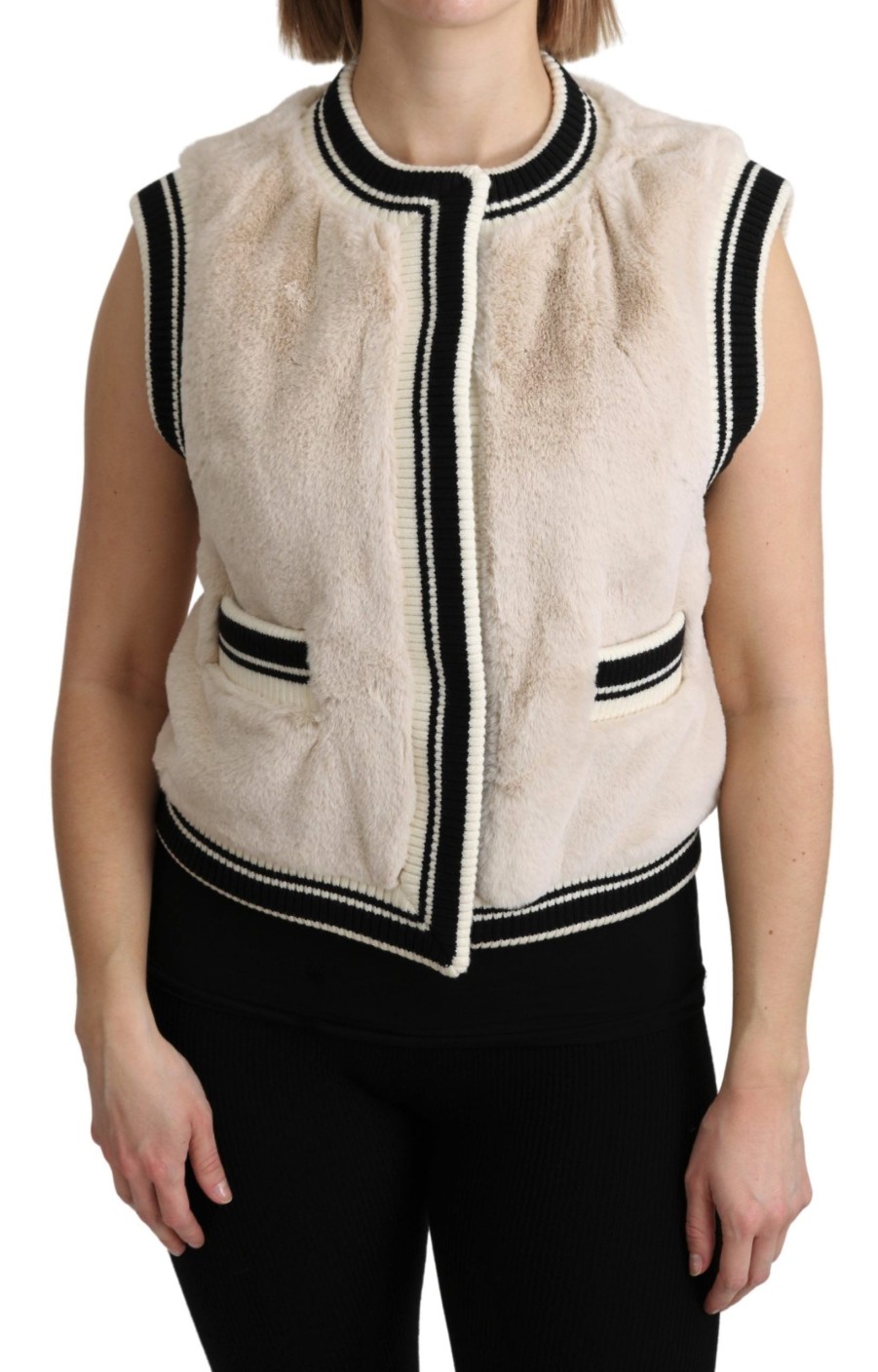 Women Dolce & Gabbana Women'S Vest | Dolce & Gabbana Beige Fur Sleeveless Vest Polyester Top