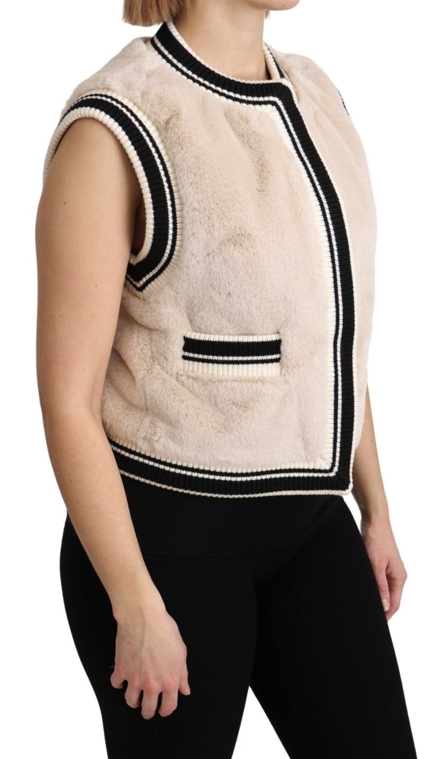 Women Dolce & Gabbana Women'S Vest | Dolce & Gabbana Beige Fur Sleeveless Vest Polyester Top