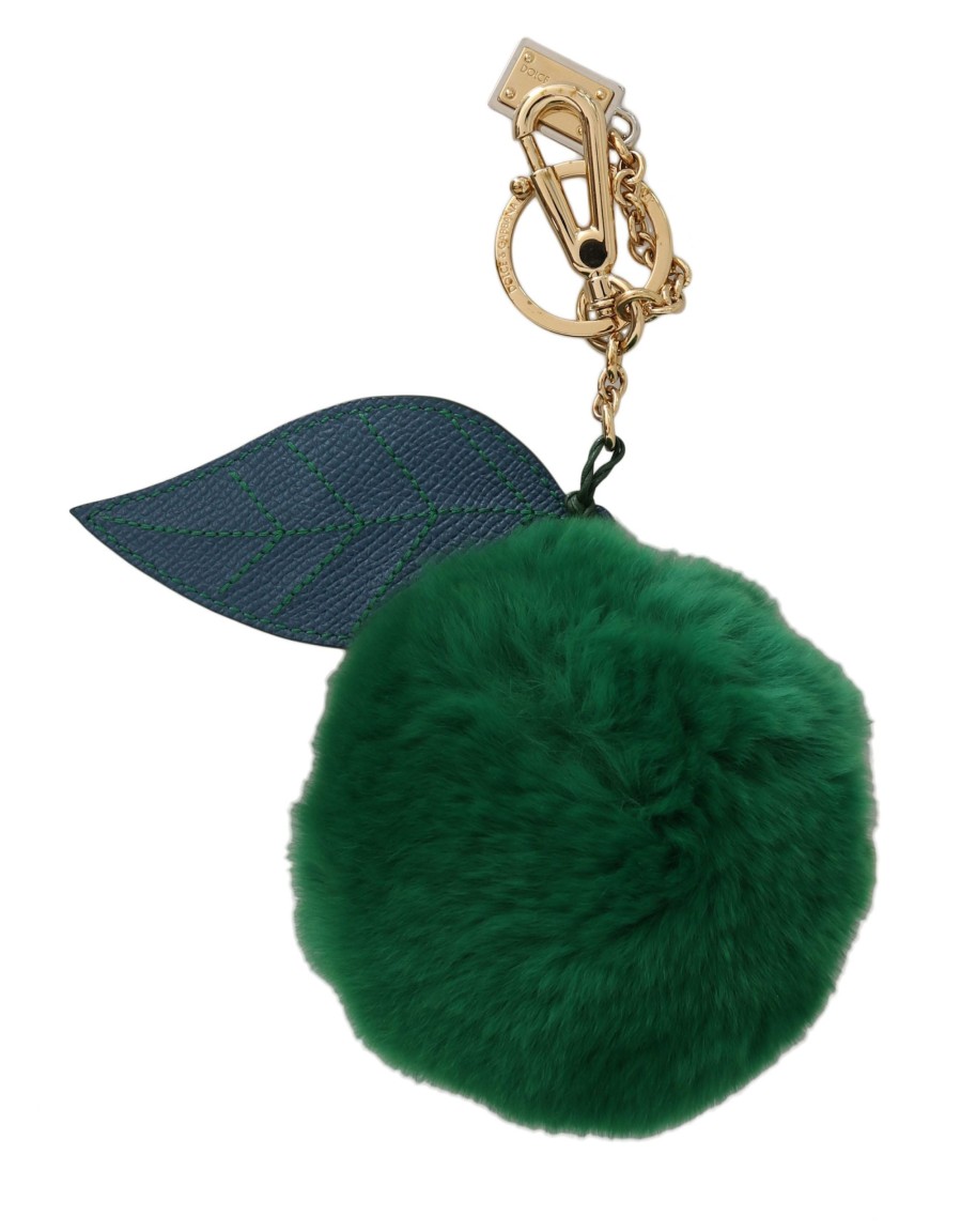 Women Dolce & Gabbana Women'S Keychains | Dolce & Gabbana Green Leather Fur Gold Clasp Keyring Women Keychain