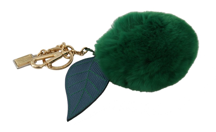 Women Dolce & Gabbana Women'S Keychains | Dolce & Gabbana Green Leather Fur Gold Clasp Keyring Women Keychain