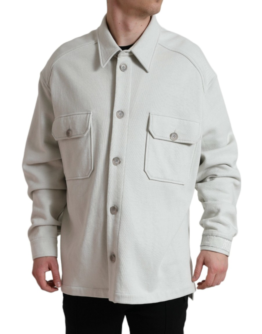 Men Dolce & Gabbana Men'S Jackets | Dolce & Gabbana Grey Cotton Button Down Collared Coat Jacket