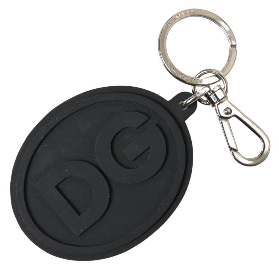 Women Dolce & Gabbana Women'S Keychains | Dolce & Gabbana Black Rubber Dg Logo Silver Brass Metal Keychain