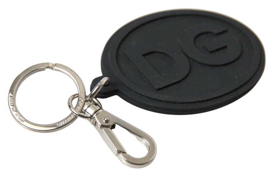 Women Dolce & Gabbana Women'S Keychains | Dolce & Gabbana Black Rubber Dg Logo Silver Brass Metal Keychain