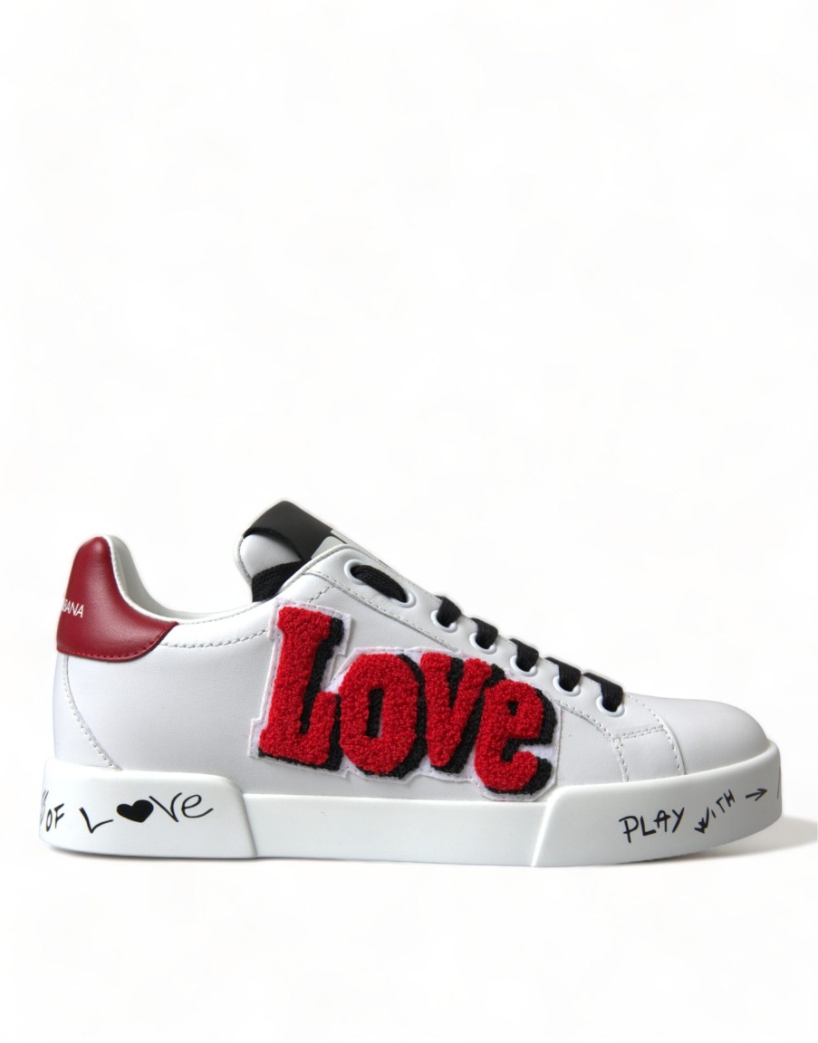 Women Dolce & Gabbana Women'S Sneakers | Dolce & Gabbana White Love Patch Portofino Classic Sneakers Shoes