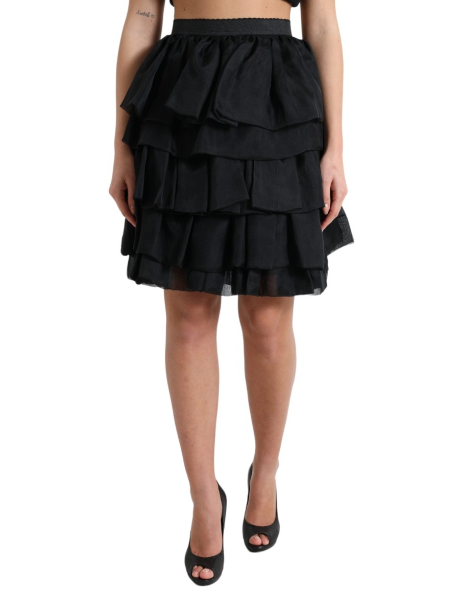 Women Dolce & Gabbana Women'S Skirts | Dolce & Gabbana Black Tiered Aline High Waist Silk Mini Skirt